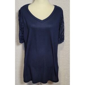 OLRIK  Waffle Knit Shirt Navy Blue Plus Size 2X Lace Sleeve NEW NWT 1257